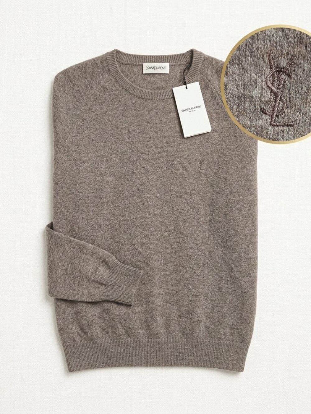 Saint Laurent MENS Cashmere YSL Logo Land Beige Sweater